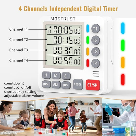 Digital Dual Kitchen Timer, 4 Channels Independent Countdown Timer, Large Display, On/Off, Loud Volume Alarm and Flashing Light with Magnetic Back, Stand, Battery Included (Black)