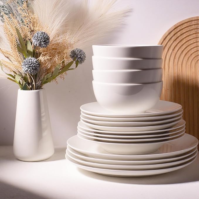 16-Piece Dinnerware Set for 4, White Porcelain Plates and Bowls, Chip Resistant Dishwasher Safe for Family Dining and Daily Use