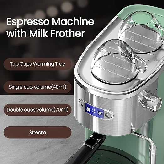 Electactic Espresso Machine 20 Bar, Professional Stainless Steel Coffee Maker with LCD Display, Steam Wand, 45oz Removable Water Tank, for Espresso, Cappuccino, Latte at Home or Office, Green