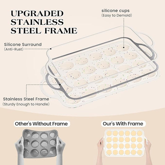AOTASO 2 Pcs Mini Muffin Pans with Metal Reinforced Frame, 24 Cups Nonstick Silicone Cupcake Tray for Baking, Food Grade Small Muffin Molds with Handles (Cream)