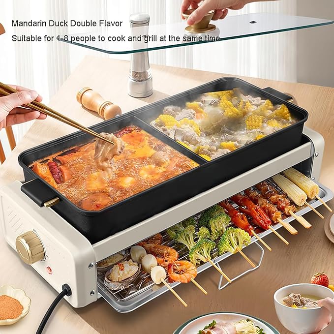 5L Electric Hot Pot Grill, Indoor Smokeless Multi-Layer BBQ and Boiling Cooker with Baking Tray, Large Capacity for 1-8 People, Mandarin Duck Double Flavor Design