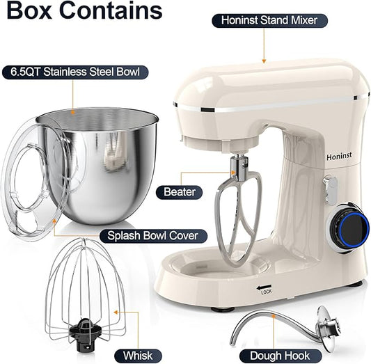 Honinst Stand Mixer, 6.5QT 10-Speed Tilt-Head Electric Stand Mixer, 3-In-1 Kitchen Mixer with Bowl, Dough Hook, Whisk and Beater, Food Mixer for Baking, Cake and Most Home Cooks, Beige
