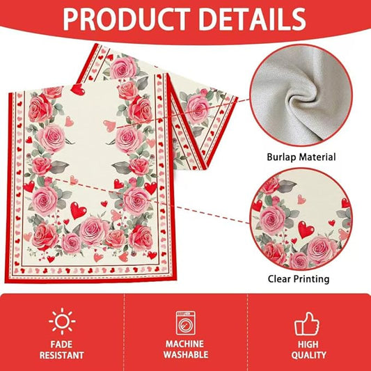 Valentine’s Day Rose Table Runner 13x72 Inch,Pink Red Love Heart Plant Spring Holiday Anniversary Table Decorations Farmhouse Kitchen Dinning Indoor Outdoor Home Party Decoration