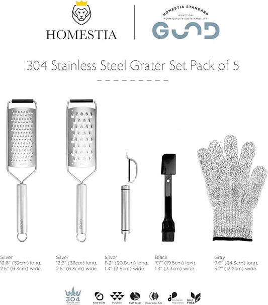 Homestia Lemon Zester Grater 5-Piece Suit - Heavy Duty Kitchen Tool for Parmesan Cheese, Ginger, Garlic, Nutmeg, Chocolate, Vegetables, Fruits, Stainless Steel Grater Dishwasher Safe Silver