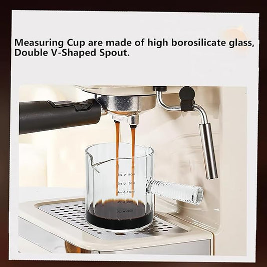 Glass Espresso Cup 6 OZ, Double Shots Measuring Cup with Glass Handle for Dishwasher Safe, Double V-Shaped Spout Milk Frothing Pitcher, Espresso Accessories for Machine, Demitasse Cups