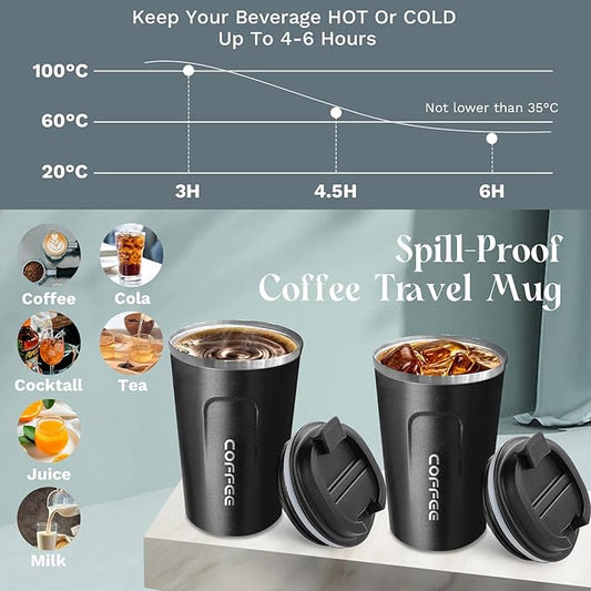 YINBAOGE Insulated Travel Coffee Mug, Spill & Leak Proof, Portable To Go Camping Stainless Steel Coffee Tumbler, Reusable Thermal Coffee Cup with Lid for Hot & Cold Drinks (2nd-Black, 17 OZ)