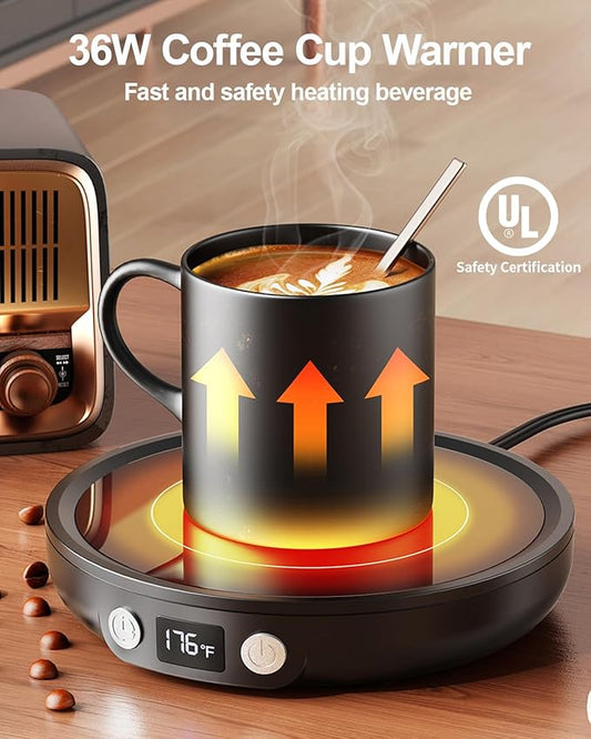 SWEETFULL Mug Warmer - Upgraded 36W Coffee Cup Warmer for Desk with 130℉-176℉ Digital Display, 2-12H Timer Auto Shut Off, Smart Electric Coffee Heating Plate, Ideal Gifts for Women Men - Black