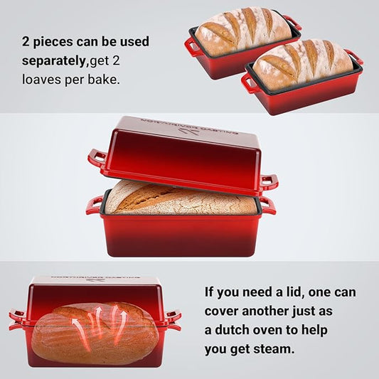 Northriver Casting 9x5 Inch Enameled Cast Iron Loaf Pan with Lid, Perfect Bread Baking Pan | Even Heat Distribution for Homemade Bread, Cake, Meatloaf,2 Piece set,Red