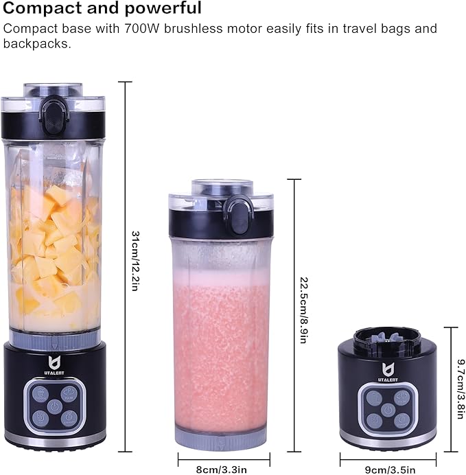 UTALENT Cordless Portable Blender, 25 oz removable Vessel, Powerful Personal Blender, For-Smoothies, Ice Crush, 4 Programs, Leakproof-Lid & Sip Spout, USB-C Rechargeable, Dishwasher Safe Parts, Black
