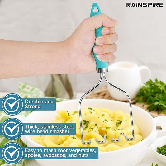Rainspire Potato Masher Stainless Steel, Mashed Potato Masher Kitchen Tool, Durable Mash Potatoes Masher, Soft Non-slip Handle, Kitchen Utensils, Kitchen Gadgets (Blue)