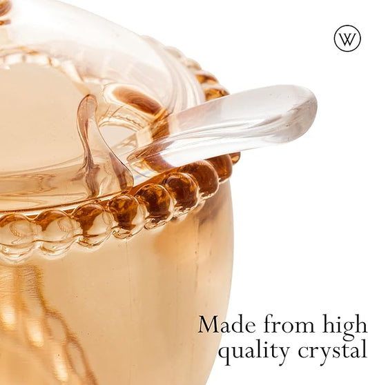 WOLFF - Pearl Crystal Beaded Sugar Bowl with Lid and Spoon - Sugar Holder, Dish for Candy Dispenser, Salt, Condiments and Spices, Jelly Jar (Amber, Sugar Bowl)