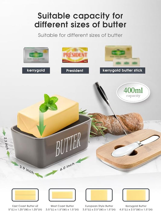 Butter Dish with Lid, Home Decor, Large Butter Dish for Countertop Ceramic Butter Keeper Container with Knife and High Quality Silicone Sealing Butter Box Good Kitchen Gift Grey