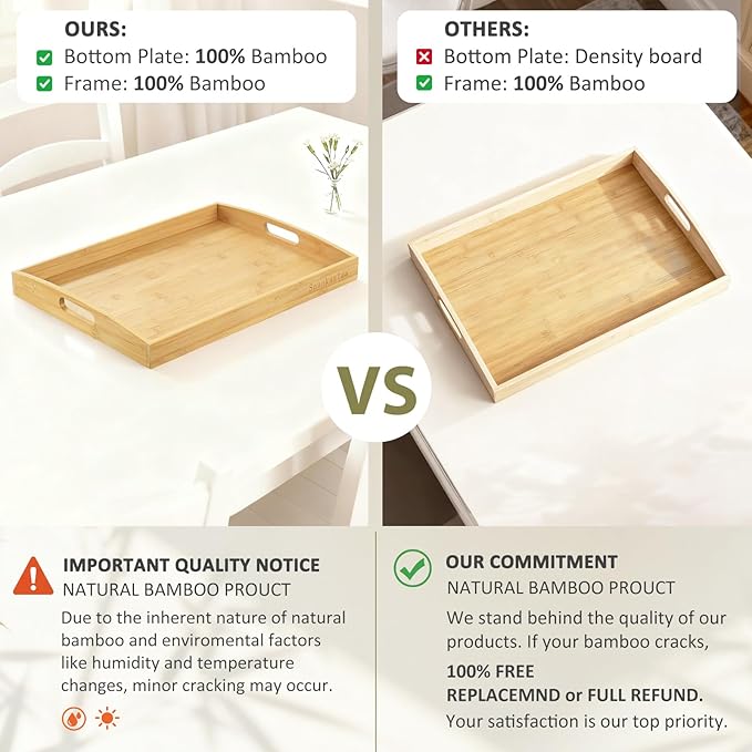 Bamboo Serving Tray with Handles, Set of 2 Large Wood ServingTrays for Food & Coffee, Elegant Wooden Tray for Breakfast in Bed, Kitchen & Party-Natrual Finish