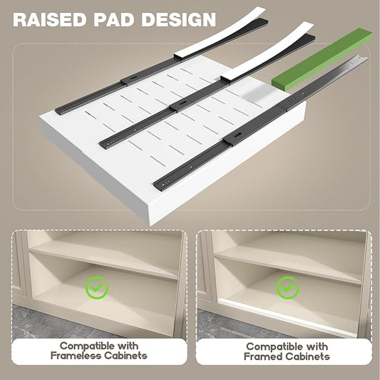 2 Pack Pull Out Cabinet Organizer 24" Deep,Full Extension 3 Slide Rails Slide Out Drawers With Raising Pad for Framed Cabinets,Expandable Width (12.3"-20.5"),No Drill Roll Out shelf,White