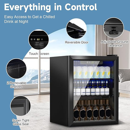 Stopasd Compact Beverage Refrigerator, 1.6 Cu.Ft/70 Can Drink Fridge, with Glass Door, Adjustable Shelves & Digital Display, Quiet Undercounter Small Fridge for Home/Office/Bar/Garage,Sliver