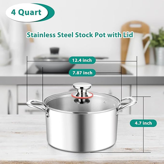 E-far 4 Quart Stock Pot, Tri-Ply Stainless Steel Cooking Pot with Glass Lid and Riveted Handles, Metal Pasta Soup Pot for Induction Ceramic Electric Gas Stoves, Heavy Duty & Dishwasher Safe