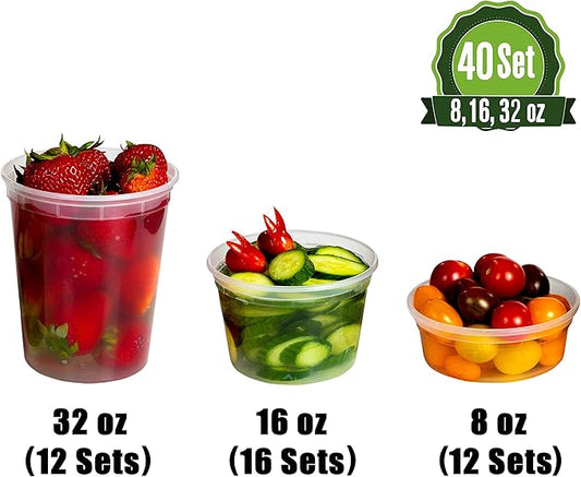 SafeWare Deli Containers with Airtight Lids 40 Set (8oz-12, 16oz-16, 32oz-12 Set) Perfect for Slime, Portion Control, Microwavable, Dishwasher, Freezer Safe, Leakproof, Stackable