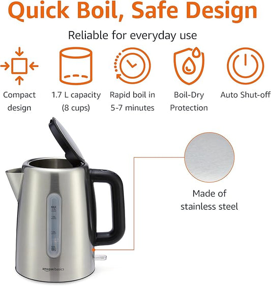 Amazon Basics Electric Stainless Steel Kettle for Tea and Coffee, BPA-Free, Fast Boiling, Auto Shut-Off, 1.7 Liter, 1500W, Black and Silver
