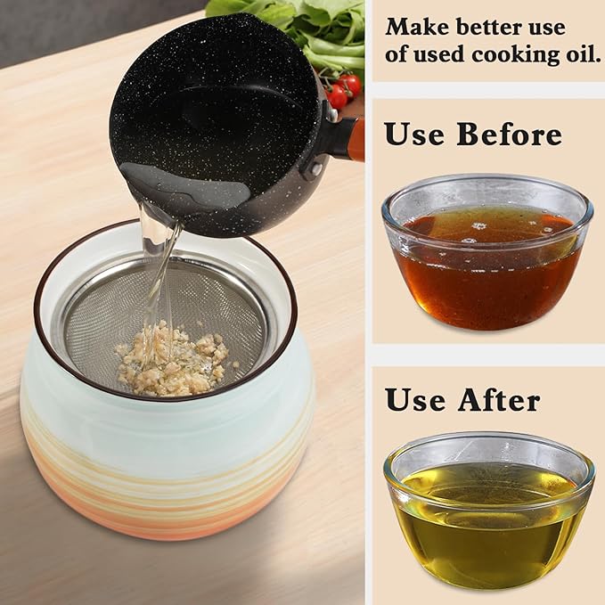 Koythin Ceramic Bacon Grease Container with Strainer, 23 oz Suitable for Storing Frying Oil and Cooking Grease (Cyan and Orange)