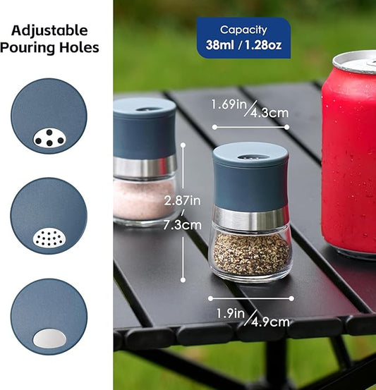 Vzaahu Mini Salt and Pepper Shakers 2 Set Blue1.28oz, Small Spice Dispenser with Adjustable Pour Holes, Perfect for Table, Kitchen, Travel