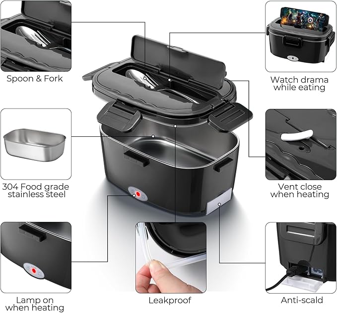 Electric Lunch Box for Adults 100W Fast Heated Lunch Box for Men Women with Dual 1.5L Stainless Steel Containers Fast Heating Portable Food Warmer 12V/24V/110V Lunch box, Home/Office/Truck