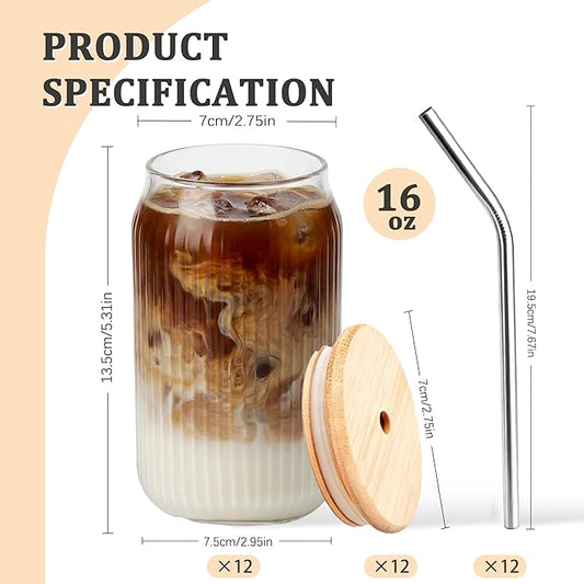 12 Packs Ribbed Glass Tumbler with Lid and Straw 16 oz Cute Ice Coffee Cup Set Bulk Vasos de Vidrio Con Tazas Para Cafe Cocina Accesorios Home Bar Accessories New Home House Warming Gift Kitchen Stuff
