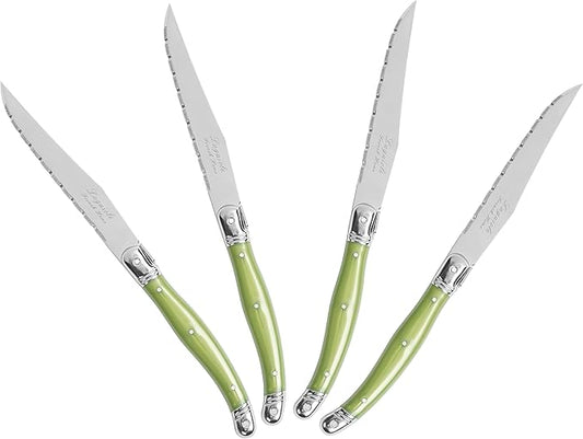 French Home Laguiole 4-Piece Steak Knife Set – Sophisticated Stainless Steel Dinner Knives with Spring Green Handles & Iconic Bee Emblem – Serrated Knives for Smooth Cutting (9.25")