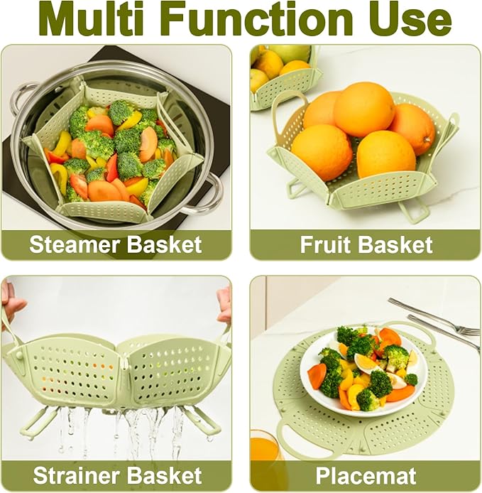 Large Collapsible Silicone Steamer Basket, Silicone Vegetable Steamer Basket With Handles, BPA Free, Expandable for Pot, Non Slip Feet, Compact Storage, Dishwasher Safe