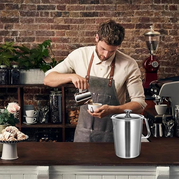 Large Stainless Steel Pitcher with Lid, 8.5 Cup Milk Frothing Jug with Handle,70 oz Metal Measuring Cup,2 L Water Pitcher for Espresso Machines, Latte Art, Iced Tea, Hot and Cold Water (70 oz, A)