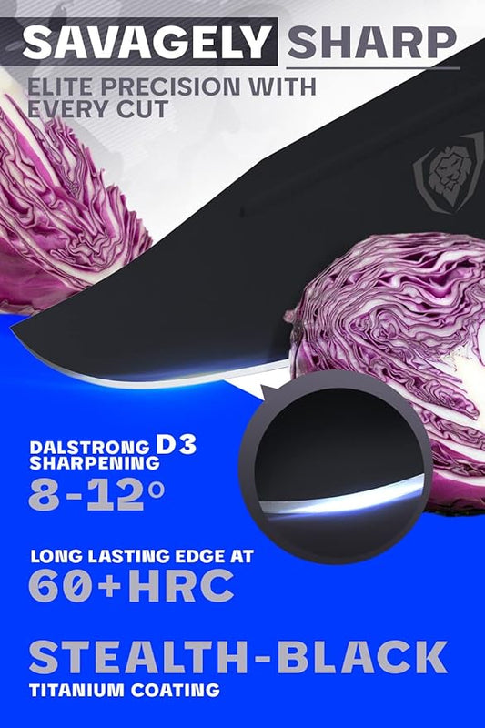 Dalstrong Chef Knife - 8 inch - Delta Wolf Series Knife - Ultra-Thin & Zero Friction Blade - HC Steel Chef's Knife - Black Titanium Nitride Coating - G10 Camo Handle - Leather Sheath