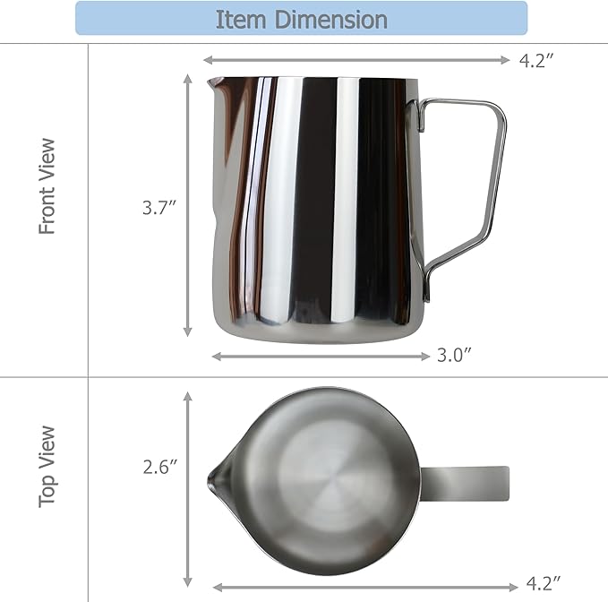 EIKS Stainless Steel Measuring Cup Steaming Pitcher Milk Frothing Jug with Handle, Pour Spout and ML/Ounce Scale (350ml)