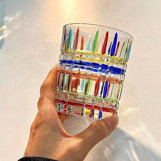 Set of 6 or 5 Hand-painted Colorful Glass Tumblers, Drinking Glassware, Cocktail Glasses for Iced Coffee Juice Tea Beverage Milk Wine With Artistic Design