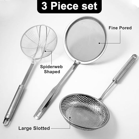 Spider Strainer & Skimmer Spoon Set, 3-Piece Stainless Steel Ladle Metal Wire Sieve Large Holes Slotted Colander Fryer Scoop Fine Mesh Strainers with Long Handle, Food Sifter for Kitchen Cooking