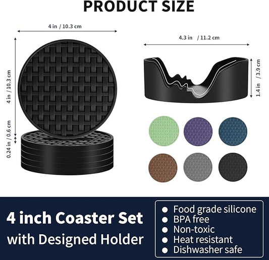 6 Pcs Silicone Coasters for Drinks Black, 4 Inches Heat Resistant Cup Mats, Non-Slip Waterproof Table Protectors for Coffee Mugs, Cups - Home Kitchen Office Decor