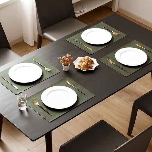 MOSAYT Vinyl Placemats Set of 4-12 X 17 Inch - Faux Leather 100% Waterproof Oil-Proof Wipeable PU Place Mats, Heat Resistant Reversible Table Mats for Kitchen, Dining, Outdoor (Olive Green)