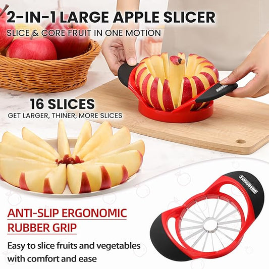SCHVUBENR Apple Slicer and Corer - 4.72 Inch Stainless Steel Apple Cutter with 16 Sharp Blades - Professional Apple Divider Tool for Quick Slices - Easy to Use & Clean - Slice Fruits with Ease - Red