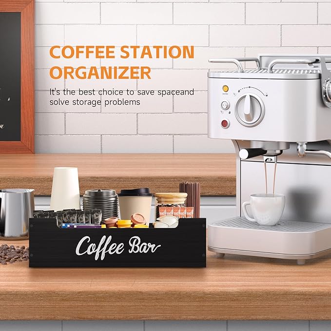 Coffee Pod Bar Station Wooden 14" X 10" X 4" Organizer Box for Countertop, Counter Top Tea Espresso Cup Wood Storage Box, Black