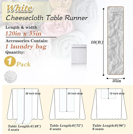 White Cheesecloth Table Runner 1 Pack 35" Boho Gauze 120 inches Long Runner Rustic Sheer Fabric Bulk for Baby Shower Wedding Bridal Birthday Party Picnic Table Decorations