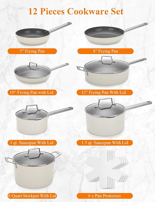 ChefRobot Nonstick Ceramic Cookware Set Healthy Pots And Pans Set Induction Kitchen Cookware sets Non Toxic Pots And Pan Set,PFOA & PTFE Free (12 Pcs-Cookware Sets)