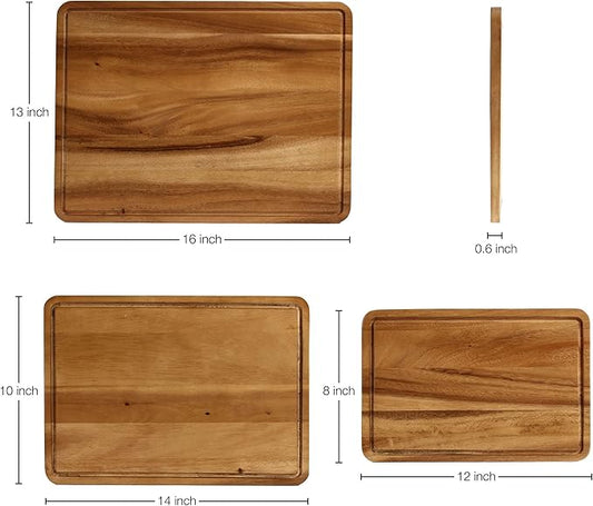 Sango Acacia Cutting Board Set with Juice Grooves and Stand, 3-Piece- Wood Chopping Boards, Stackable & Reversible for Kitchen, Non-Toxic, Perfect as Butcher Block Countertop, Atelier