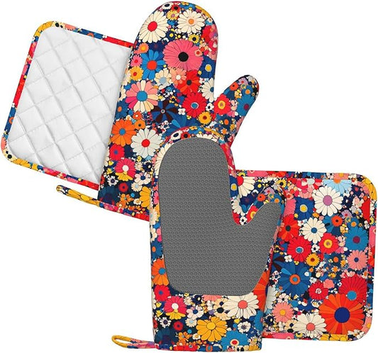 Oven Mitts and Pot Holders Japanese Art Colorful Flower Silicone Kitchen Accessories Set of 4 Heat Resistant Long Gloves Potholder Non-Slip Grip for Chef Cooking Baking Grilling BBQ