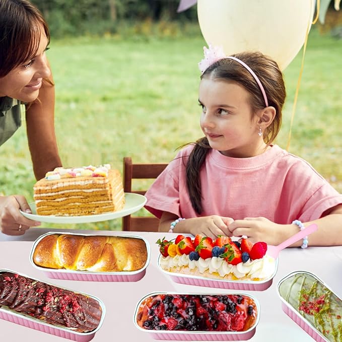 BZIDII 50 Pack Mini Loaf Pans with Lids and Spoons, 6.8 Oz Mini Cake Pans with Lids for Baking,Pink Disposable Rectangle Aluminum Foil Loaf Pan with Ribbon Stickers,Small Cake Containers Tin(Pink)