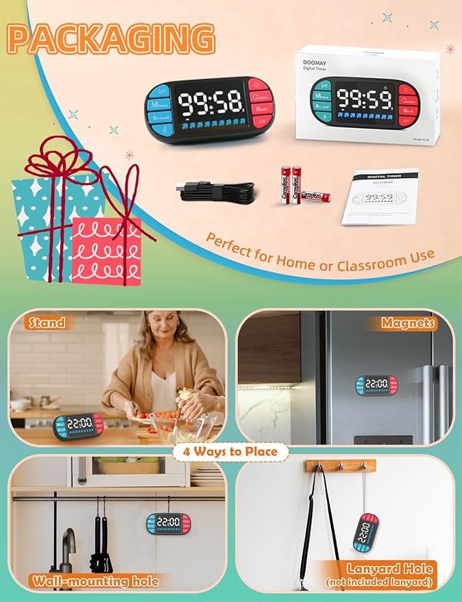 DOOMAY Digital Kitchen Visual Timer: 3.6'' Large LED Display, Magnetic, 3 Brightness, 4 Alarms and Volume, Memory Function, Countdown Count up for Cooking, Classroom, Home Gym, AAA Battery Included