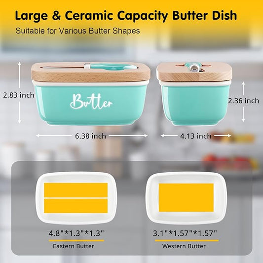 ALELION Turquoise Butter Dish with Lid and Knife for Countertop, Ceramic Butter Container with Beech Wood Lid, Airtight Butter Keeper for Counter or Fridge, for Teal Kitchen Decor and Accessories