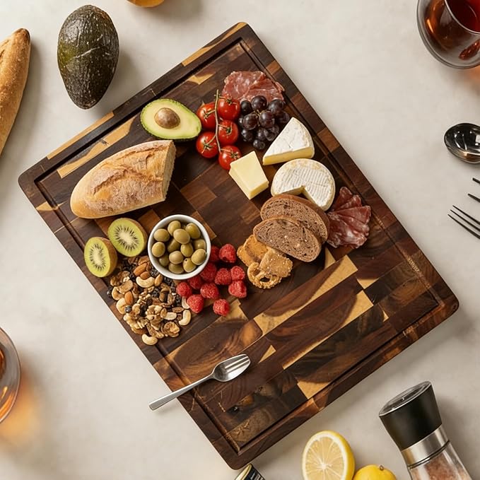 Walnut Wood Cutting Board for Kitchen, End Grain Chopping Board with Juice Groove, Heavy Duty Checkered Board for Cheese and Vegetables, Non-slip Feet, 14" × 11" × 1.5"