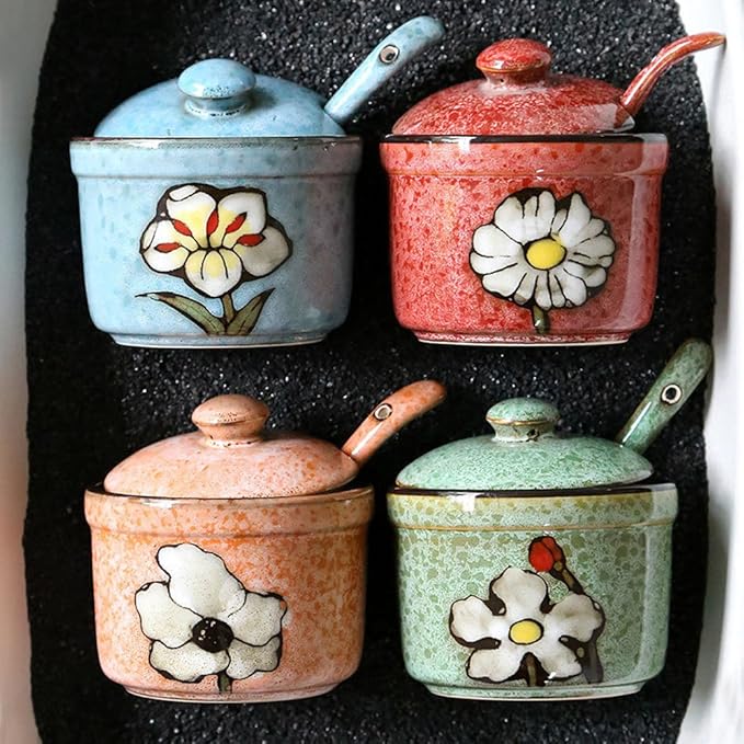 Ceramics Retro Flower Sugar Salt Pepper Storage Jar Seasoning Pot with Lid And S