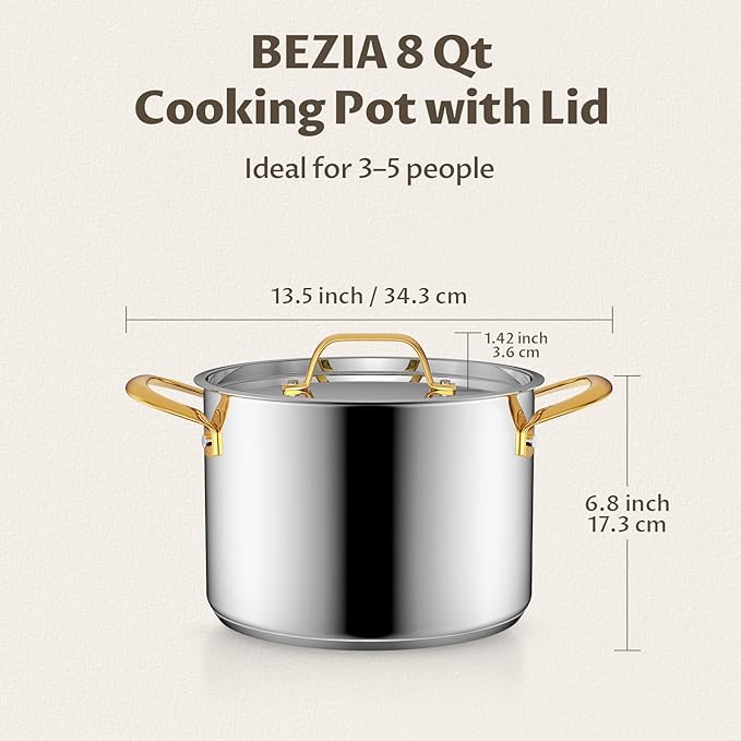 BEZIA 8 Qt Stainless Steel Stock Pot with Lid, Induction Ready Large Soup Pot with Lid, Tri-ply Bottom for Even Heat, Kitchen Cooking Pots for Pasta, Soup, Spaghetti