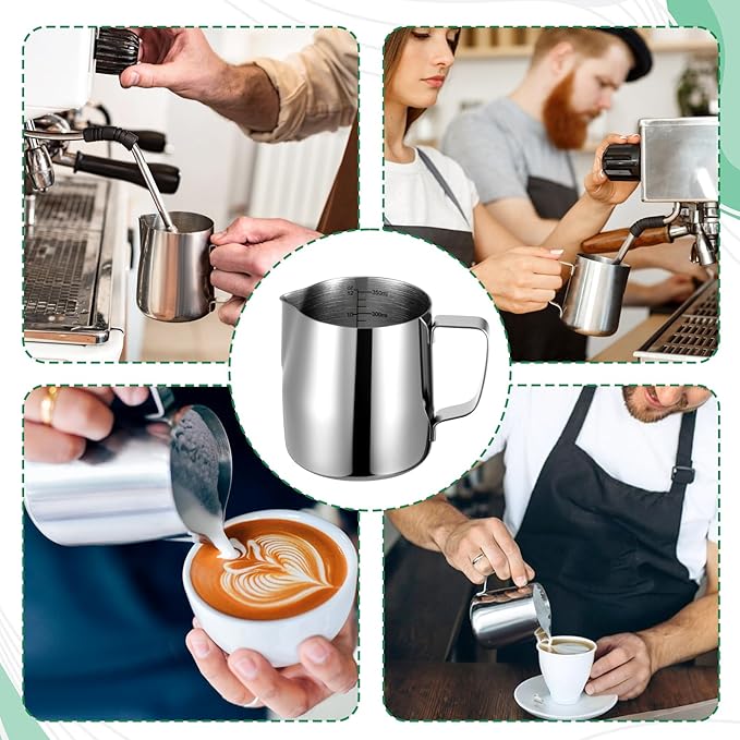 4 Pcs Milk Frothing Pitchers, 12 Oz 304 Stainless Steel Espresso Steaming Pitchers with Measuring Markers, Heat Resistant Rustproof Barista Pitcher Tools for Home, Coffee Shops (Silver)