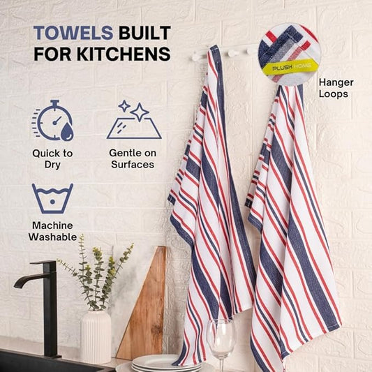 Kitchen Towel Set of 6, 100% Cotton Quick-Drying Absorbent Dish Towels & Tea Cloths, 20x30 Inch Decorative Farmhouse Towels for Kitchen, Navy,White & Red Stripe