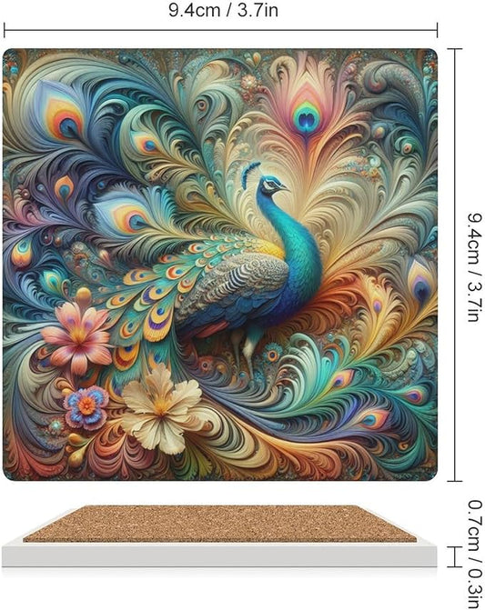 Peacock Drink Coasters, Square Ceramic Drink Coaster Square-6PCS, Beautiful Colorful Floral Peacock Art Pattren Decor Absorbent Ceramic Coasters for Beverage Cup, Bar, Coffee Table